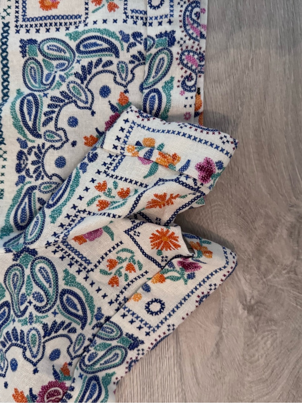 Caroline Constas Cream Patchwork Romper with Blue Accents and beaded belt - Picture 6 of 6
